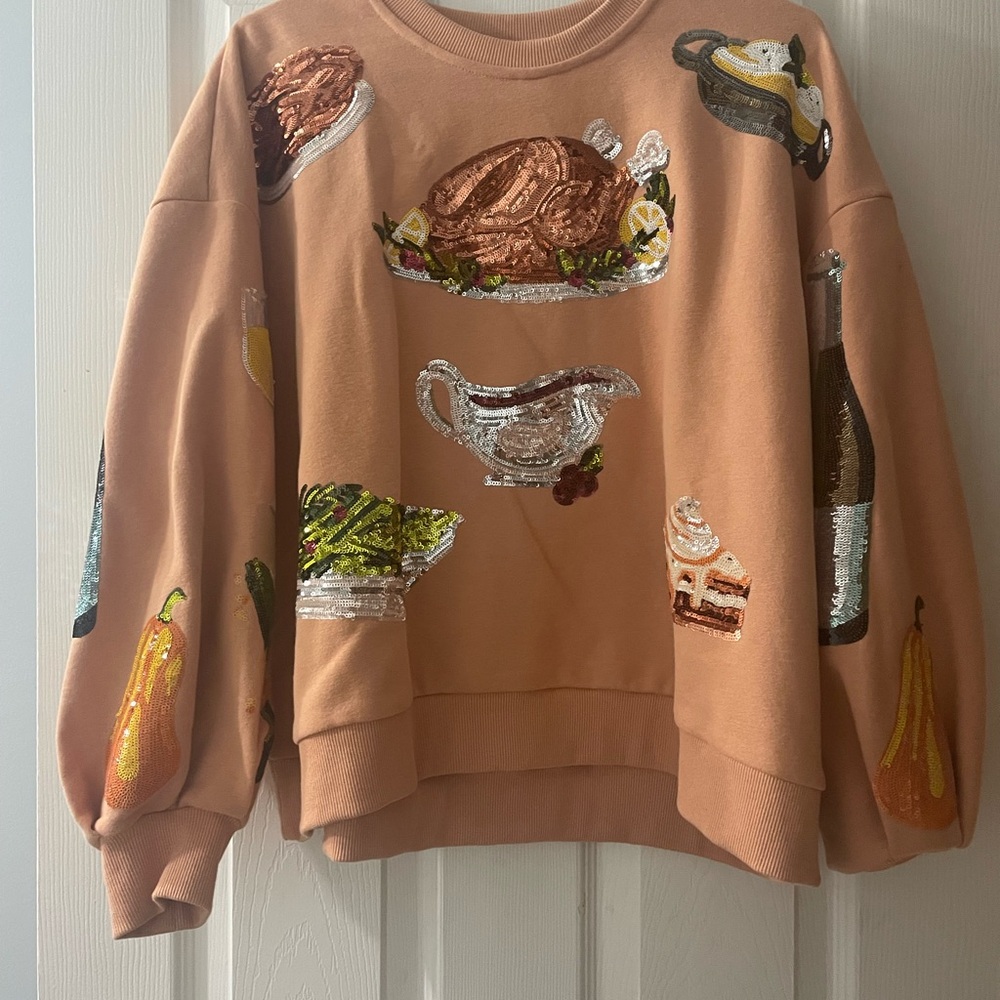 Embroidered Peach Sweatshirt with Food Motifs